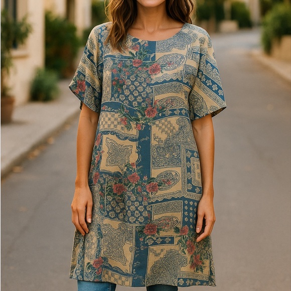 Johnny Was Dresses & Skirts - $290 Johnny Was Blue and Tan floral Patchwork burned velour silk Tunic Dress S